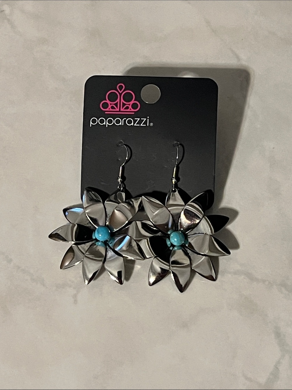 Paparazzi Silver Floral Drop Earrings with Turquoise Accent